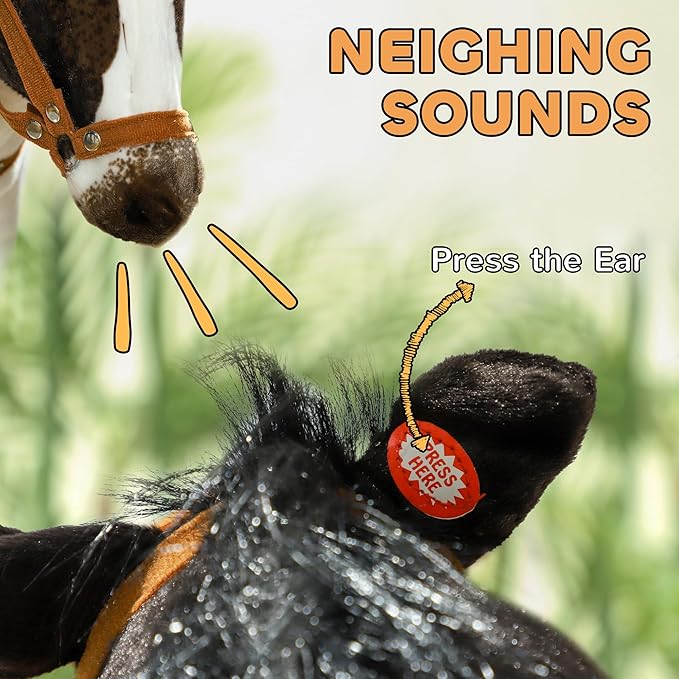 Qaba Ride on Horse for Toddlers 3-8 Years Old, Riding Horse with Neighing Sound, Stuffed Animal Horse Toy for Kids with Padding, Brown