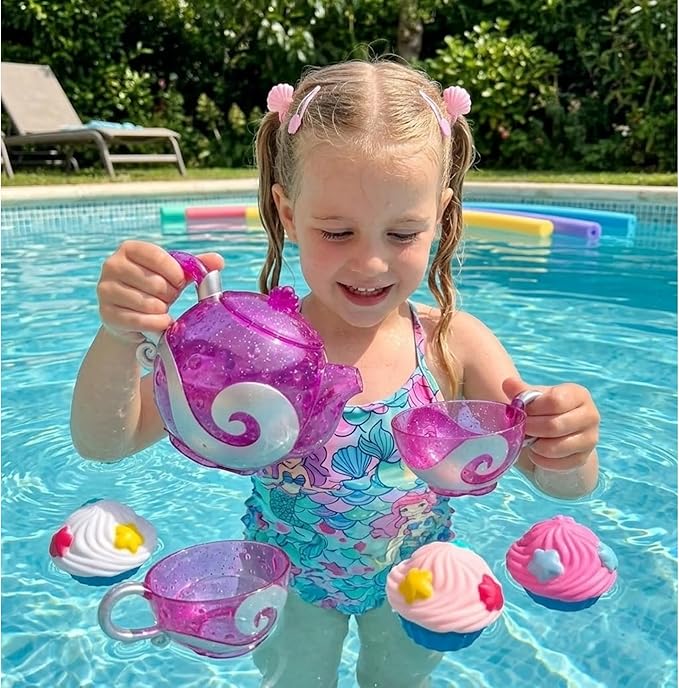 Princess Tea & Treats Water Toy Set - Girls Bath & Pool Tea Party Playset - Teapot, 2 Tea Cups, and 2 Silicone Cupcakes That Spray Water - Water Safe Toys - Toddler Summer Princess Party Favor & Decor