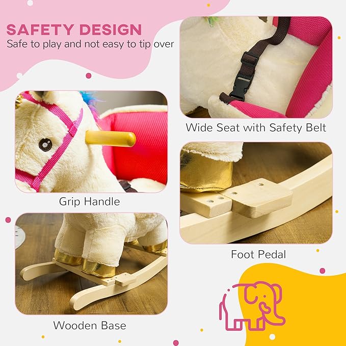 Qaba Kids Rocking Horse, Ride on Unicorn with Realistic Sounds, Safety Belt & Wooden Base, Plush Animal Rocker for Toddlers 18-36 Months, Cream White