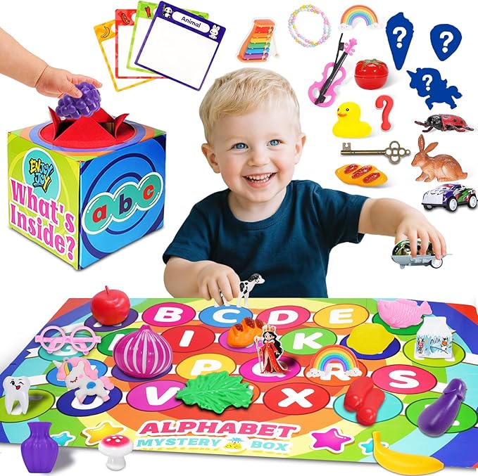 Enjoyjoy Mystery Box - 58 PCS Speech Therapy Materials Alphabet Toys Montessori Sensory, Preschool Learning Sorting Games with Mystery Boxes for Toddlers Ages 3-6, Ideal Christmas Birthday Gifts