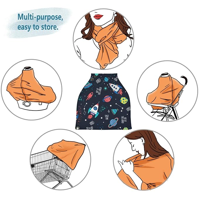 Outer Space Pattern Rocket Planet UFO Star Constellation Nebula Stretchy Baby Car Seat Cover Infant Canopy Nursing Covers Breastfeeding Cover Breathable Windproof Winter Scarf for Boys Girls