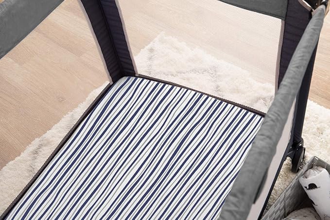 American Baby Company 2 Pack 100% Natural Cotton Fitted Pack and Play Sheets 39" x 27" - Soft & Breathable Pack N Play Sheets for Playard & Mini Crib Mattress, Navy/Grey Sport Stripes, for Boy & Girl