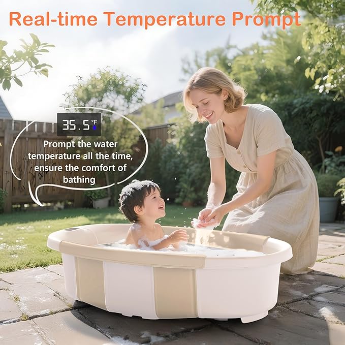 Collapsible Baby Bathtub - Large Baby Bath Tub with Thermometer & Cushion | Travel Portable Newborn Infant Bathtub | Foldable Toddler Bathtub for Baby 0 to 36 Months (Khaki)