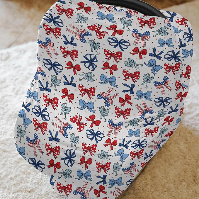 American Flag Bows Stars Car Seat Cover for Baby Patriotic Ribbons Stretchy 5-in-1 Cover Adjustable Car Canopy Cover Cute 4th of July Bows Breathable Nursing Cover-Up