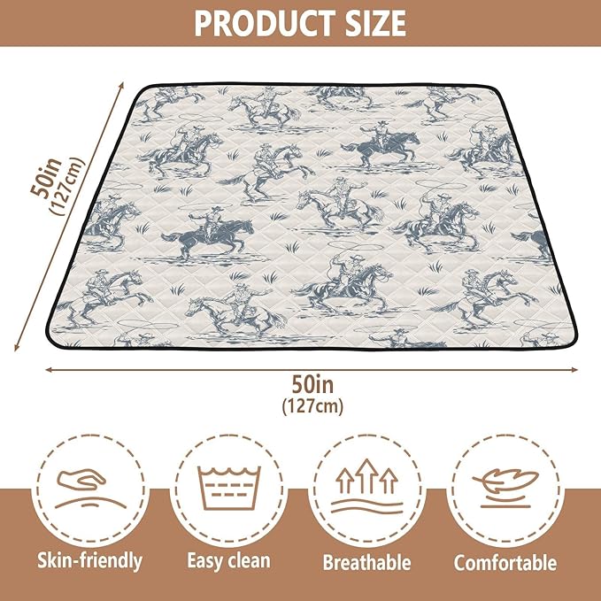 Baby Play Mat Western Cowboy Horse Retro 50" X 50" Play Gym Crawling Mat Soft Non-Slip Portable Picnic Floor Mat for Infant, Babies, Toddler, Kids