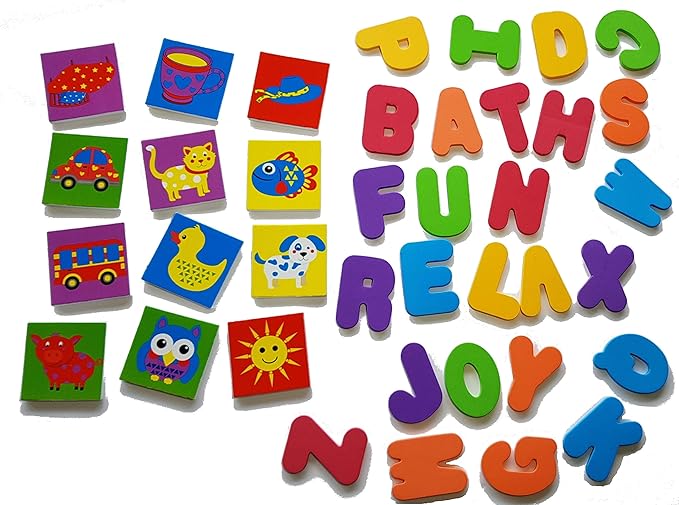 Buddy & Barney Bath Toy Stickers - Bath Alphabets and Animals Learning Stickers for Kids | 38 Pieces Spell & Learn Foam Bath Toys with Storage Bag for Kids with Mesh Storage Bag