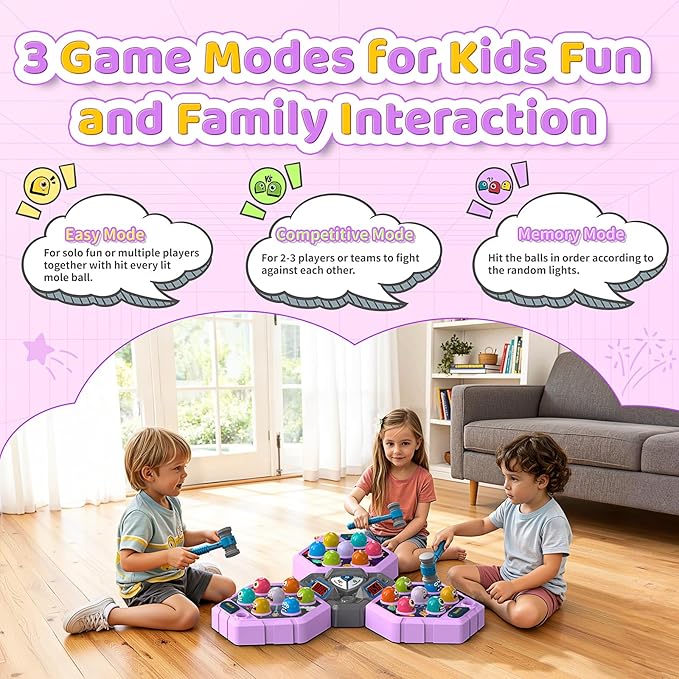 Whack Mole Game for Toddlers, Toys for 3-12 Year Old Girls Boys, Interactive Educational Multiplayer Toys with 3 Modes & 3 Hammers, Sound & Light, Birthday Xmas Gifts for 3 4 5 6+ Year Old Girls Boys