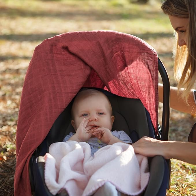 Meracorallo Muslin Baby Car Seat Cover, Lightweight Breathable Soft Infant Carrier Cover Carseat Canopy for Baby Boys and Girls, Earthy Red