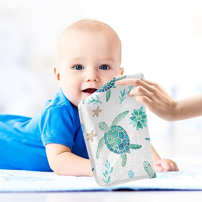 Burbuja Watercolor Sea Turtle Baby Washcloths - Muslin Cotton Soft Absorbent Baby Towel for Newborn Baby Sensitive Skin - Baby Essential Item, 12x12 in, 3 Pack