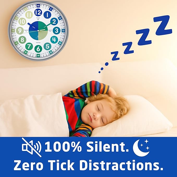 OWLCONIC Clock for Kids – Educational Analog Learning Wall Clock, Non Ticking Teaching Clock for Classroom & Homeschool, Silent Kids Bedroom Décor Blue Green