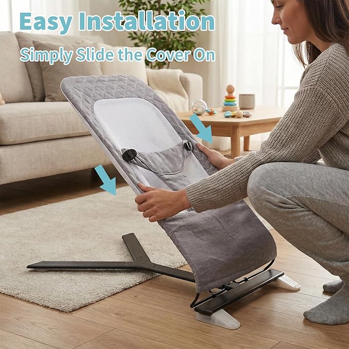 Bouncer Cover Compatible with Baby Delight, Fabric Seat for Bouncer, Soft and Breathable Mesh Inset, with 3-Point Safety Harness, Easy to Install, Machine Washable Replacement Cover, Grey