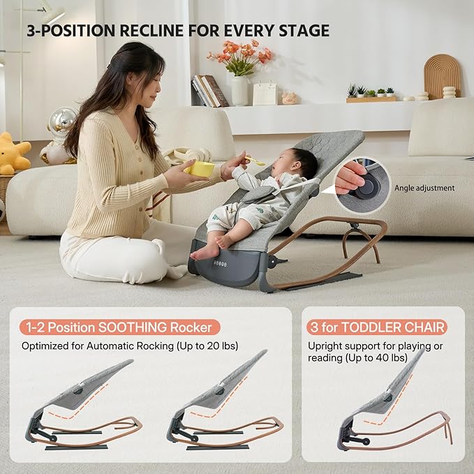 VaVaSoo 2-in-1 Electric Baby Rocker & Toddler Chair (up to 40 lbs), Dual Powered (Type-C or Battery), Motion Sensing Auto-Rocking Adjustable Support Bar for Stationary Seat, Music & Timer