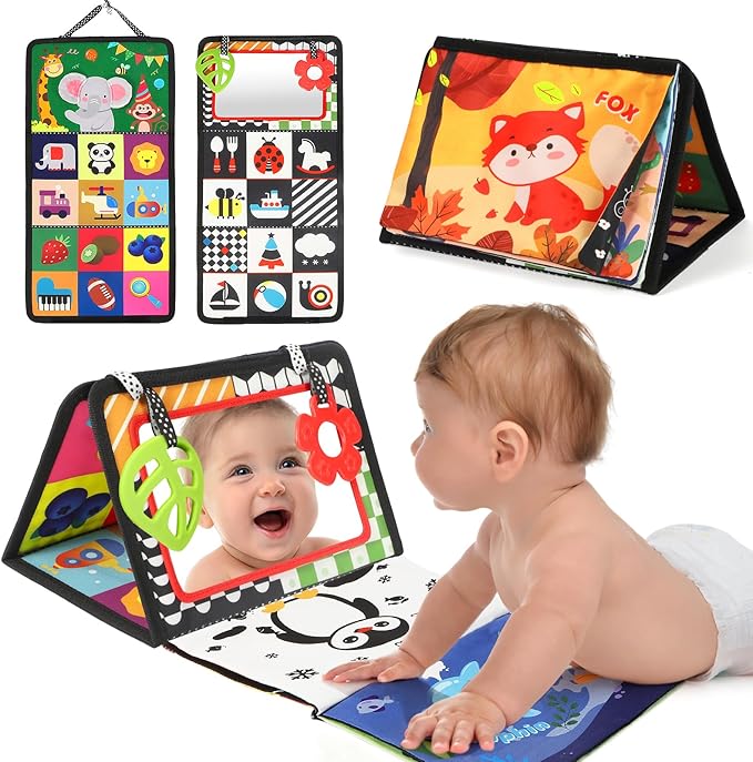 BBWOO Tummy Time Toys, High Contrast Baby Toys for Newborn, Baby Visual Stimulation Mirror, Montessori Crinkle Book for Infant 0-3-6-12 Months, Boy Girl Shower Gift, Easter Basket Stuffers