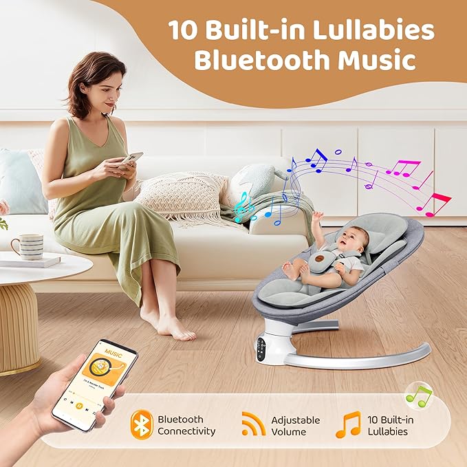 Baby Swings for Infants - Exclusive App & Bluetooth Function, Electric Baby Swing with 5 Point Harness & 5 Sway Speeds, 10 Preset Lullabies, Portable Infant Swing for Indoor/Outdoor (Light Gray)