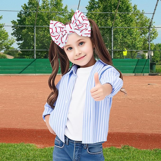 BOXOB Baseball Bow Headband Baby, High Stretchy Soft Nylon Headbands in Red & White Game Sport Event Hair Accessories for Girls and Infants