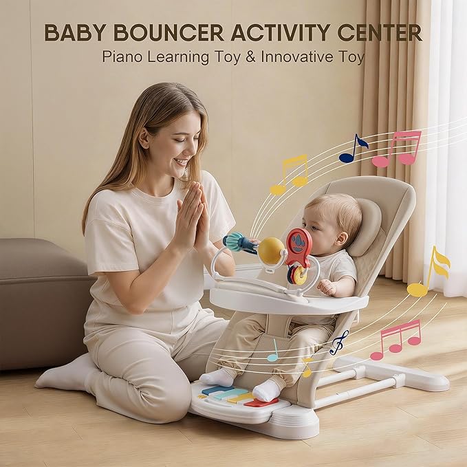 Monamii Baby Bouncer, Baby Bouncer Seat with Detachable Pianos & Feeding Tray, 3-Level Adjustable Positions Bouncing Seat, Infant Bouncer Seat and Toddler Chair (Beige)