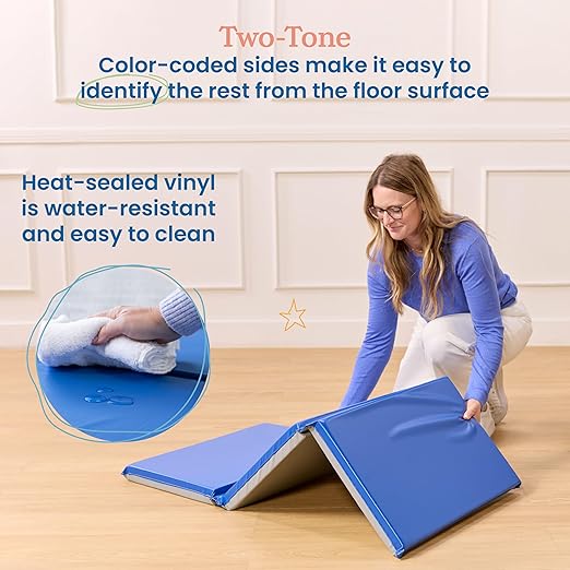 ECR4Kids-ELR-0883 Everyday 3-Fold Daycare Rest Mat, Folding Rest Mat, Sanitary Design, Low Maintenance, Certified and Safe, No Assembly Required, 2" Thick, Single Mat, Blue/Grey