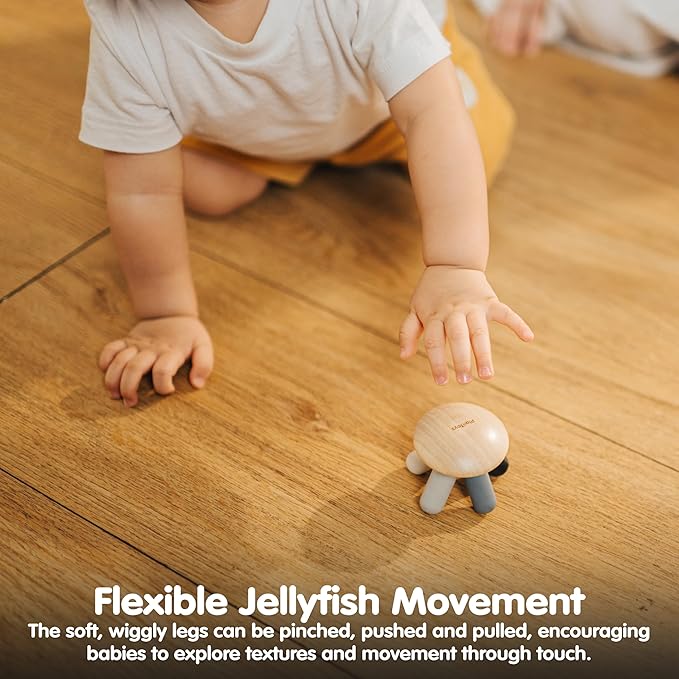 PlanToys® Wooden Flexi Jellyfish Baby Toy | Montessori Inspired Infant Toy for Sensory Play, Grasping & Motor Skill Development | Eco Friendly Clutch & Squeeze Toy