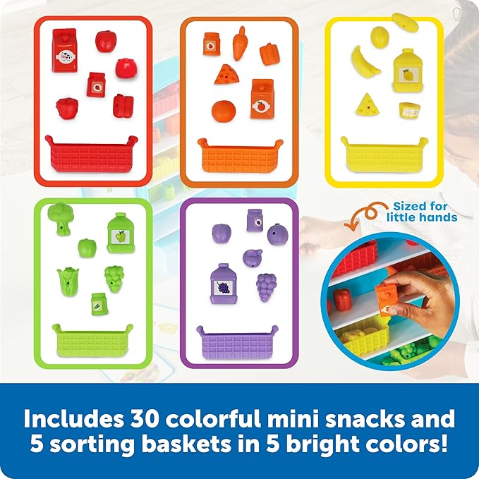 Learning Resources Sorting Snacks Mini Fridge - Play Food, Toddler Kitchen, Montessori , Color Sorting Sensory, Gifts for Boys and Girls, Preschool Games, Fine Motor Skills, Counting, Kindergarten