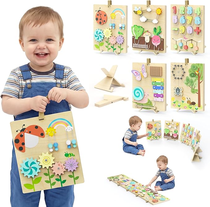 BlueWood Wooden Busy Board for Toddlers, 14-in-1 Montessori Philosophy Educational Toy, Activity Center Made from Basswood, No Drilling, Easy to Carry & Store