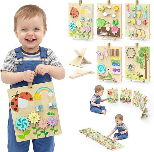 BlueWood Wooden Busy Board for Toddlers, 14-in-1 Montessori Philosophy Educational Toy, Activity Center Made from Basswood, No Drilling, Easy to Carry & Store
