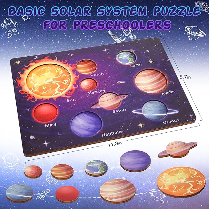 Zeoddler Upgrated Solar System Puzzle for Kids 3-6, Wooden Space Toys, Planets for Kids Preschool Learning Activities, Gift for Boys, Girls