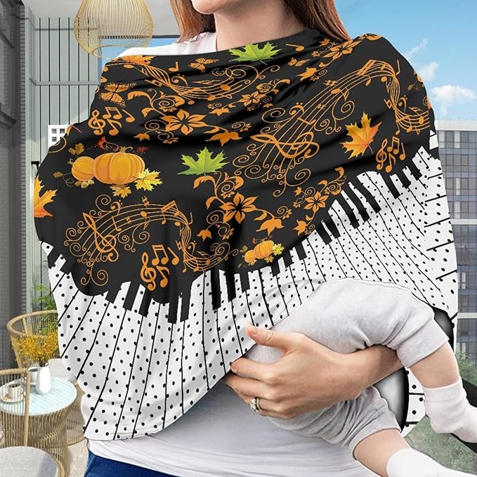Coldinair Maple Leaf Print Nursing Cover for Baby Breastfeeding, Fall Pumpkin Music Notes Pattern Breathable Breastfeeding Cover for Mother Nursing Apron, Carseat Canopy Covers Multi-use