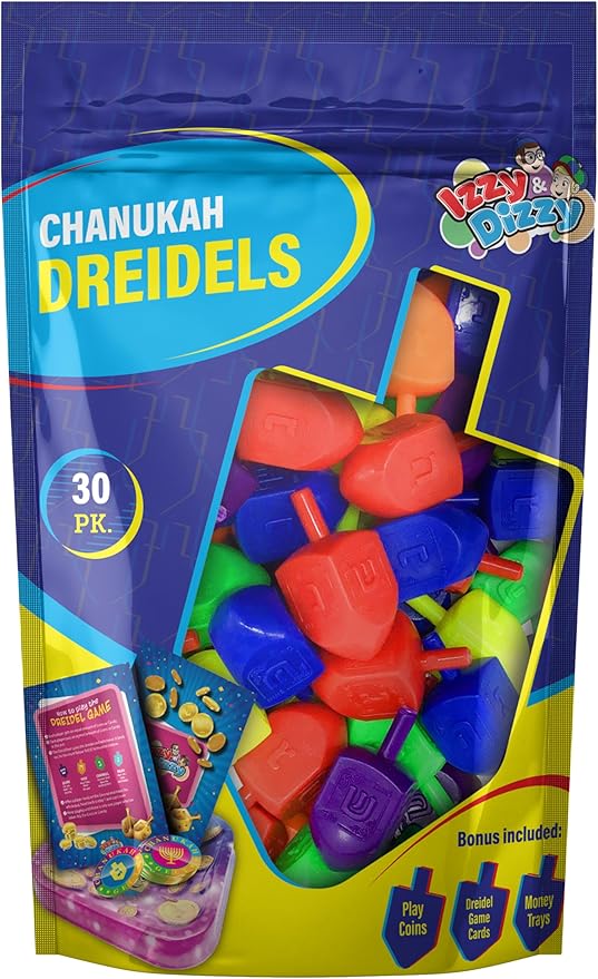 Izzy 'n' Dizzy Medium Dreidels Assorted Colors with Classic Chanukah Spinning Draidel Game, Gift and Prize - Bulk (Pack of 30)