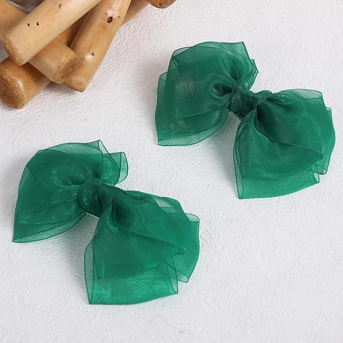 Hunter Green Mesh Ribbon Hair Bow Clips 4-Inch Organza Double Bow Alligator Hair Pins Barrettes Spring Summer Christmas Holiday Dress Decor Accessory for Teens Toddler Girls Child
