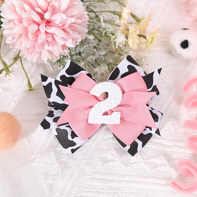 Cow Print Bow Headband - Pink, Baby Girl 2nd Birthday Party Decorations, Farm Animal Themed Headband