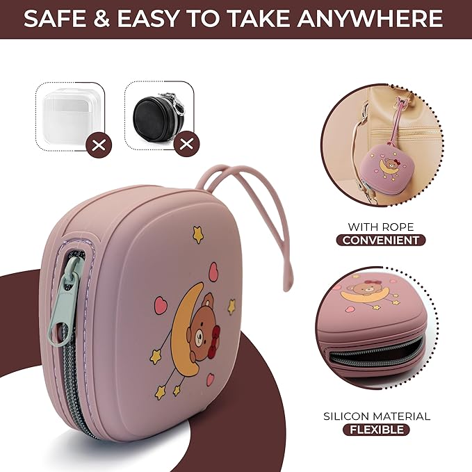 Ecliff Silicone Pacifier Holder Case - Durable, Silicone Pacifier Case for Diaper Bag - Binky Holder with Durable Zipper for Dust and Water Protection - Cute Bear Design