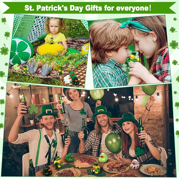 Jerify 96 Pcs St. Patrick's Day Rubber Ducks 6 Styles Shamrock Ducks for Bath Pool Birthday Irish St. Patrick's Day Gifts for Party Favors Accessories Holiday