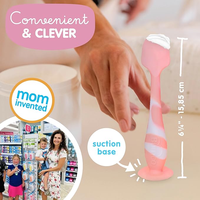 Bumco Baby Bum Brush + Mini Baby Diaper Cream Spatula with Case - BPA-Free Silicone Diaper Spatula with Suction Cup, Wipe-Clean, Mom-Invented Butt Paste Applicator (Pink Swirl & Gray)