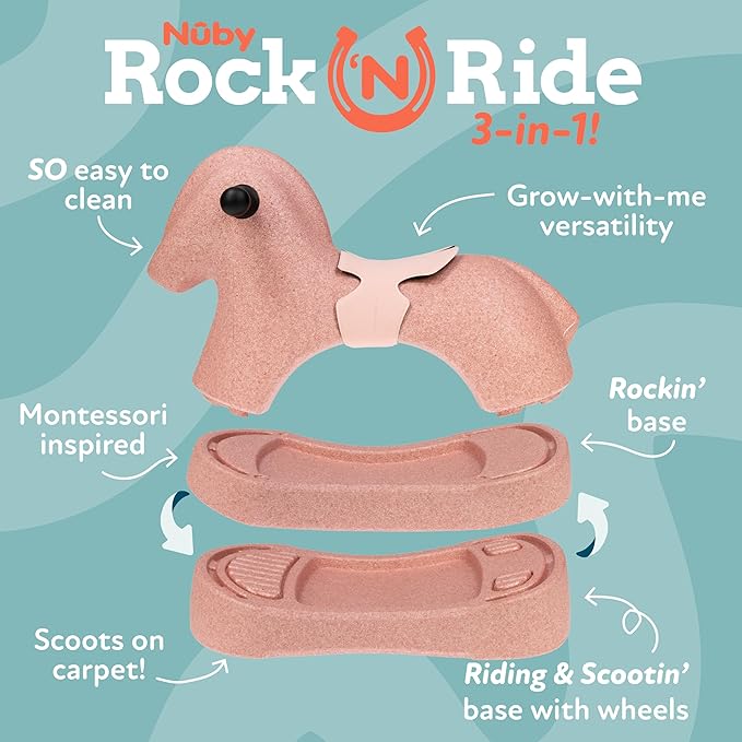 Nuby Rock 'N Ride Rocking Horse for Kids - Ride, Rock & Scoot Toy for Indoor & Outdoor Play - Balance & Coordination Development Toy - Ages 12+ Months - Pink Horse