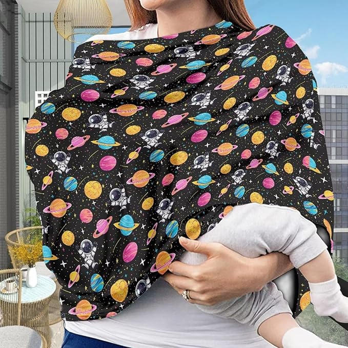 GIFTPUZZ Astronaut Planet Stretchy Nursing Cover for Breastfeeding, Baby Car Seat Cover, Infant Carseat Canopy Covers Scarf, Multiuse Stroller/High Chair Cover, All Weather Protection Baby Shower