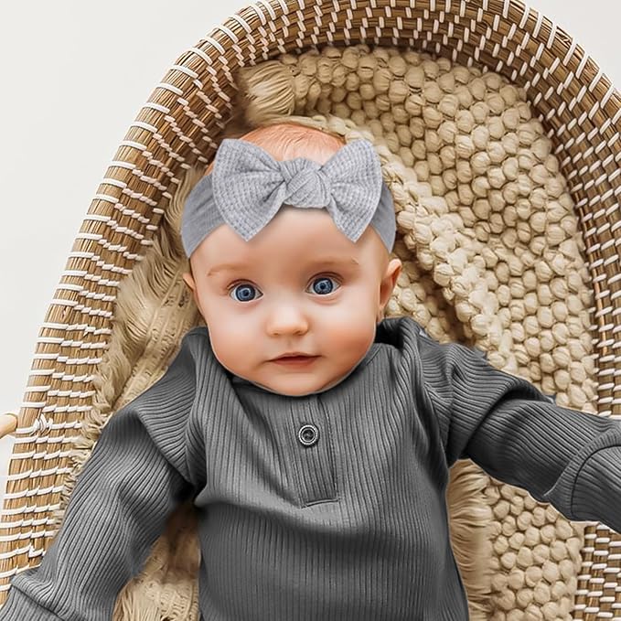 Baby Girls Waffle Headbands with Bows Elastics Handmade Hair Accessories Newborn Infant Toddler Hairbands and Bows Headwrap Kids 3 Packs Yellow Dark Khaki Gray