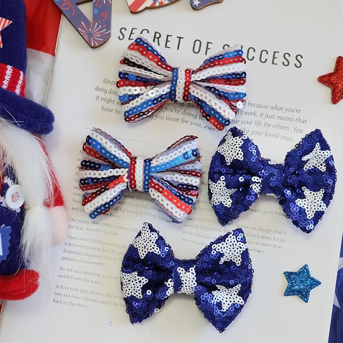 Independence Day Sequin Hair Bows for Girls Star Stripes Sparkly Alligator Clips Red Glitter Hair Accessories for Little Teen Toddler Girls