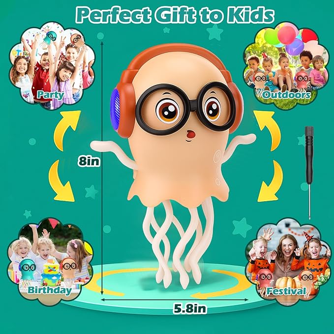 Vodolo Magic Electric Dancing Jellyfish Toy with Led Light and Music,Playful Automatic Steer Crawling Dancing Baby Toy with Smart Tentacle Explorer,Dancing Octopus Toy,Tummy Time Toys,Orange