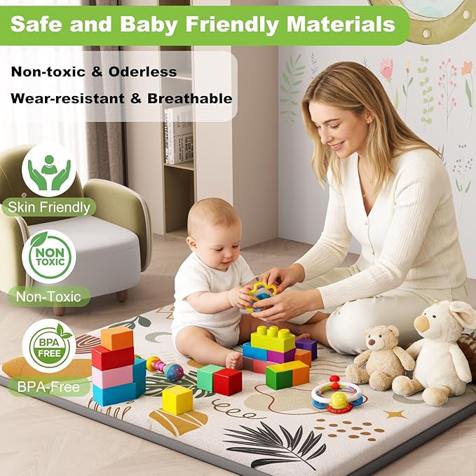 1.3" Thick Baby Play Mat for Floor, Elasti-Foam 71x59 Playpen Mat, Water Repellent Ultra Soft Coral Velvet Tummy Time Crawling Mats for Kid Toddlers Infants, Non-Slip Backing Safe for Earth Tones