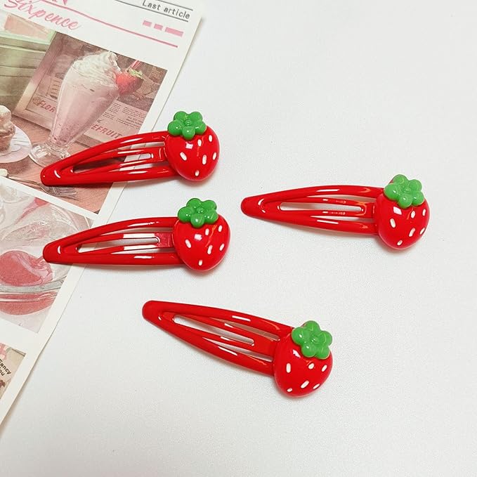 Strawberry Snap Clips Baby Girls Fruit Hair Bow Clips Strawberry Hair Ring Tie BBW24 (6 Pcs-C1)