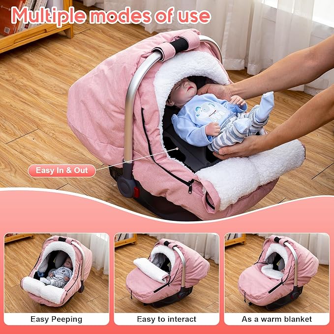 Winter Baby Car Seat Cover, Carseat Cover with Plush Sherpa Fleece Lining, Infant Car Seat Canopy with Peeping Window & Huge Space, Warm & Snug Baby Carrier Cover for Cold Weather