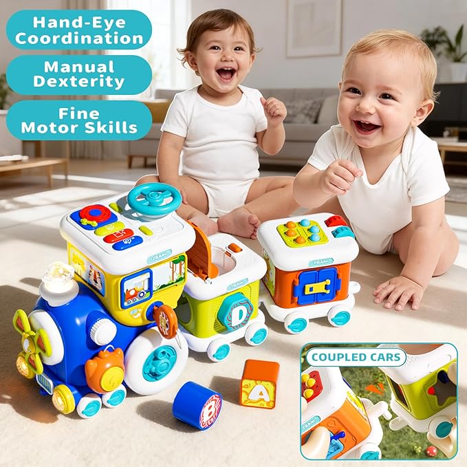Montessori Toys for 1 Year Old Boy Girl, Musical Train Baby Toys 6-12 Months, 8 in 1 Activity Cube with Light Sound, Educational Gifts for Toddlers 1-3