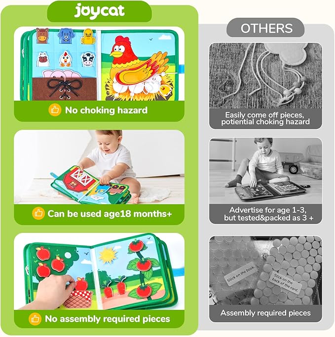JoyCat Farm Busy Book for Toddlers 1–3 – Quiet Montessori Activity Book with 15 Daily Life Activities, Screen-Free Travel Toy for Toddlers, Easter Basket Stuffers Gifts Kids