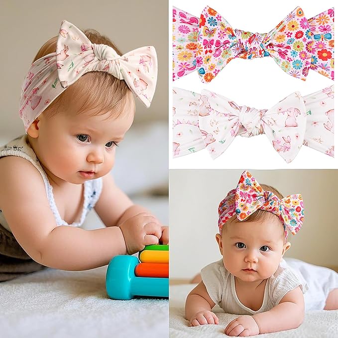 LemonSpace Handmade Bunny Print baby bows Cute Stretchy Hairbands for baby girls,Newborn,Toddler and Children(2 Print Rabbit flower) Colourful