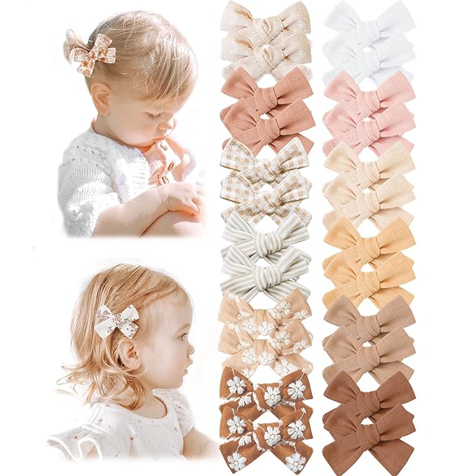 Niceye Baby Hair Clips - 24 Pcs Fully Lined Hair Bow Clips for Fine Hair Cotton Tiny Hair Barrettes for Infants, Toddlers, and Little Girls
