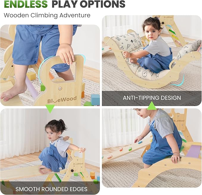 BlueWood Pikler Triangle Set with Cushion, 8-in-1 Climbing Toys for Toddlers, Montessori Philosophy Play Jungle Gym with Arch, Ramp, Ladder(Sunshine Rainbow)