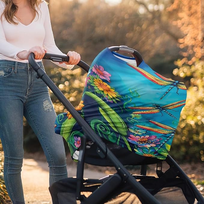 Dragonfly Flower Print Car Seat Canopy for Girls,Lovely Soft Nursing Cover Trendy Design Washable Breastfeeding Scarf for Family Friend