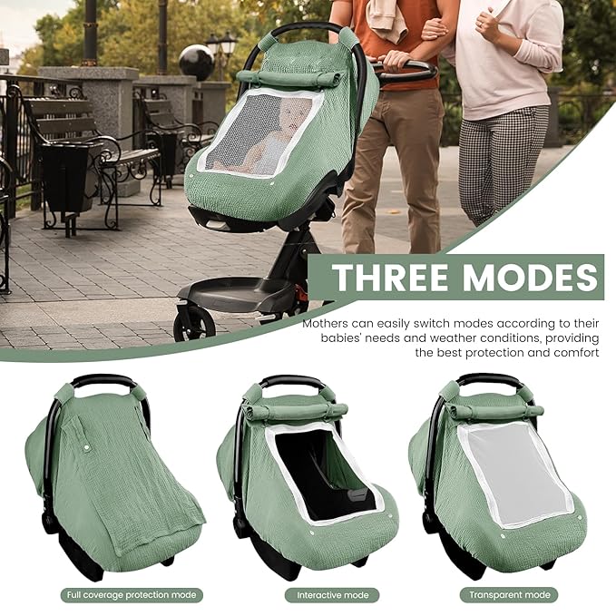 Baby Car Seat Cover, Infant Car Seat Cover for Boys Girls, Extra Large Mesh Window, Breathable Muslin Cotton, Lightweight Infant Windproof Carrier Canopy for Sun, Bug and Comfort Protection