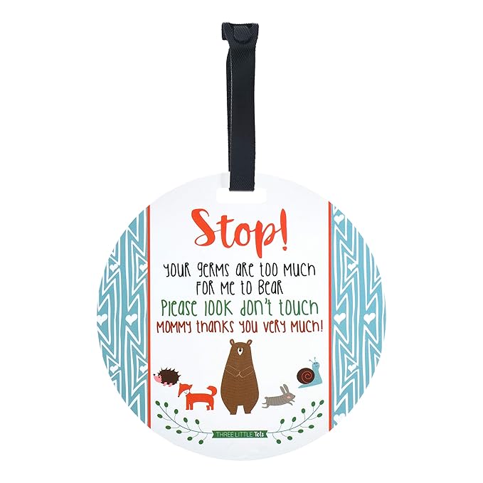 (Three Little Tots) No Touching baby Car Seat and Stroller TWO PACK- Baby Safety No Touching Car Seat Sign, Stroller Sign, Newborn Car Seat Tag- CPSIA Safety Tested (Blue Mommy/Woodlands)