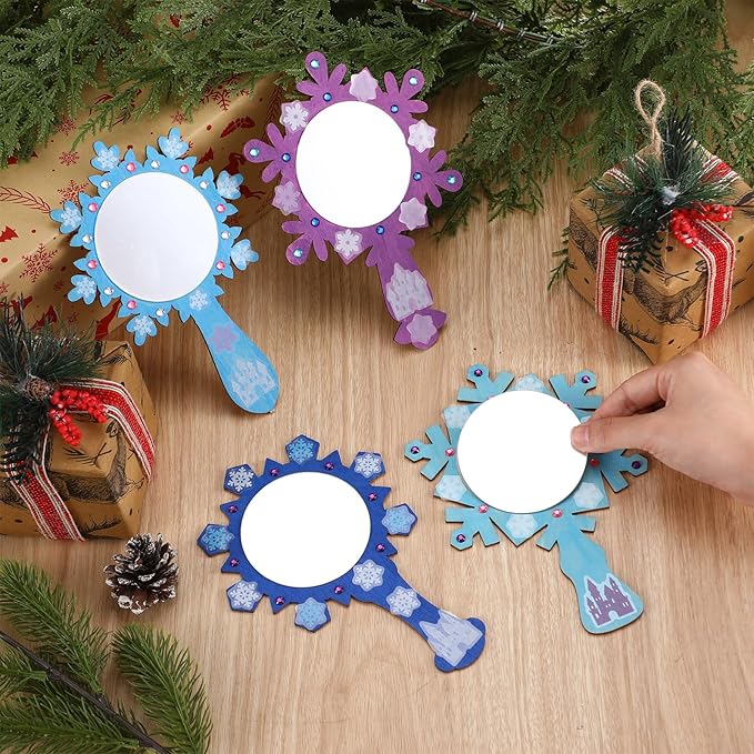 Thyle 16 Pack Princess Wonderland Mirrors Crafts Winter Snow Princess Snowflake Wooden Mirror Craft Kits Decorate Your Own Snowflake Kits for Winter Christmas Party Decorations Birthday Supplies Gift
